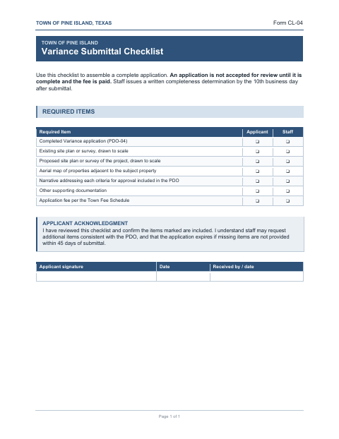 First page of the Variance Submittal Checklist