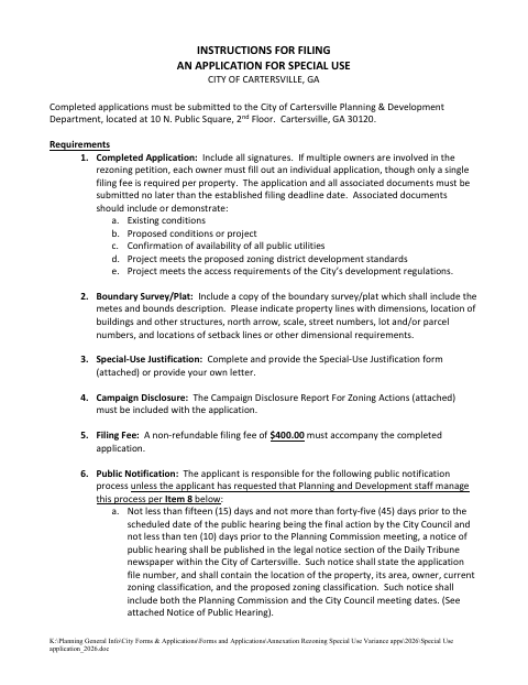 First page of the Special Use Application