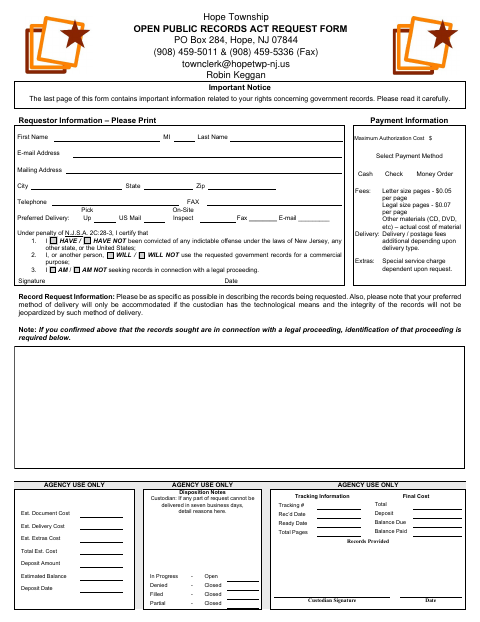 First page of the Open Public Records Act Request Form