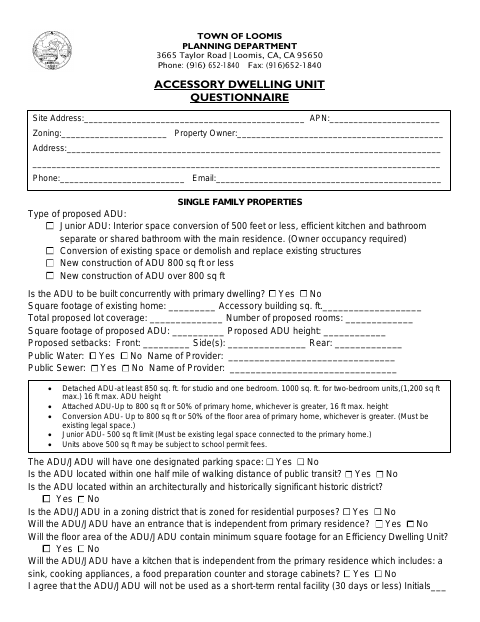 First page of the ADU Supplemental Application
