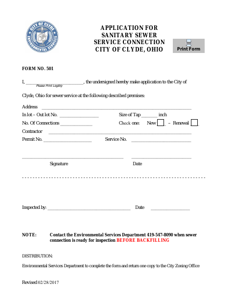 First page of the Application for Sanitary Sewer Service Connection