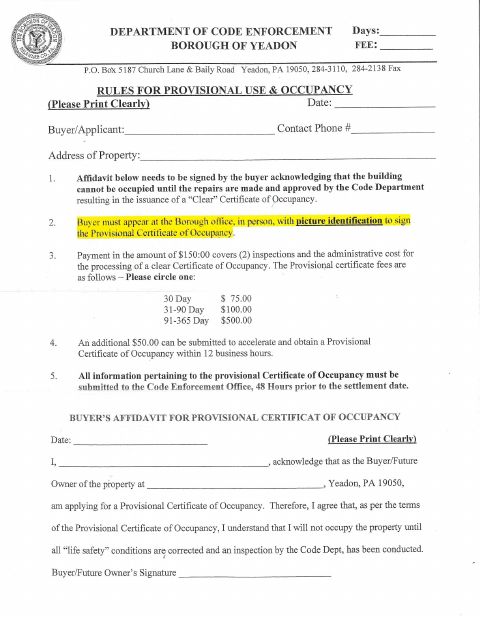 First page of the Provisional Use & Occupancy Application