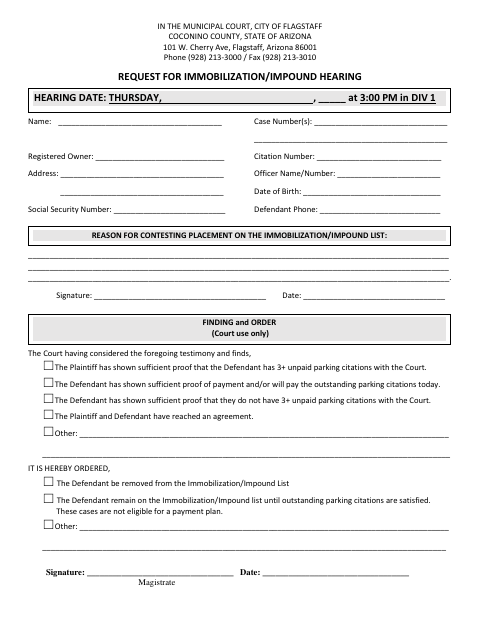 First page of the Request for Immobilization/Impound Hearing