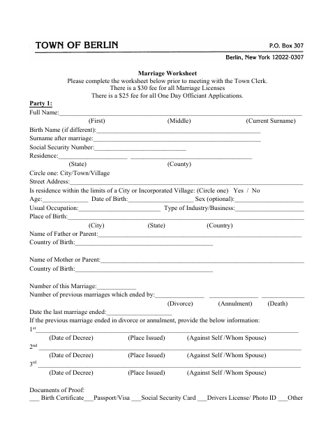 First page of the Marriage License Worksheet