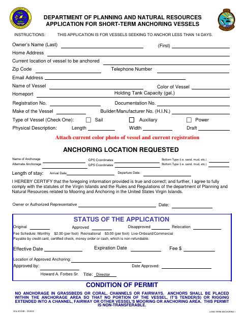 First page of the Application for Short-Term Anchoring Vessels