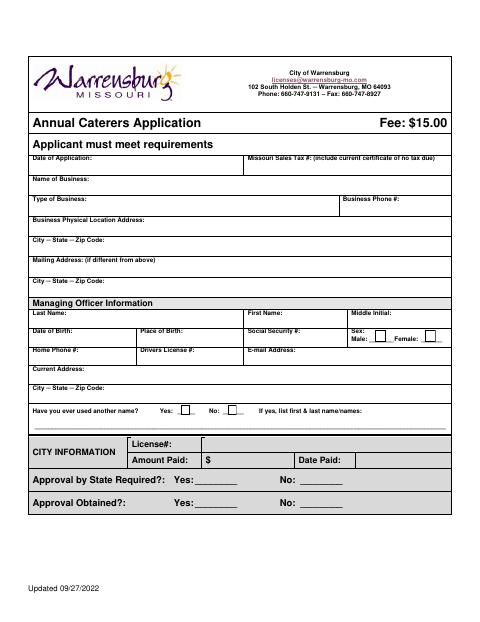 First page of the Annual Caterers Application