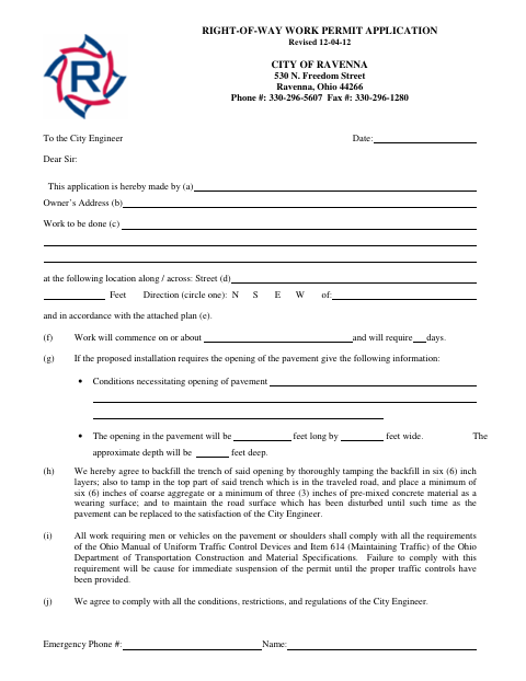 First page of the Right-of-Way Work Permit Application