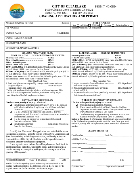 First page of the Grading Application and Permit