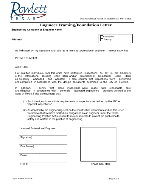 First page of the Engineer Framing/Foundation Letter