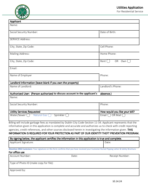 First page of the Utilities Application For Residential Service
