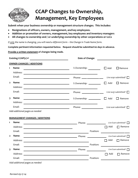 First page of the CCAP Changes to Ownership, Management, and Key Employees