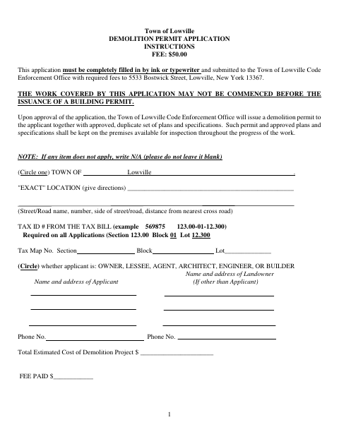 First page of the Demolition Permit Application
