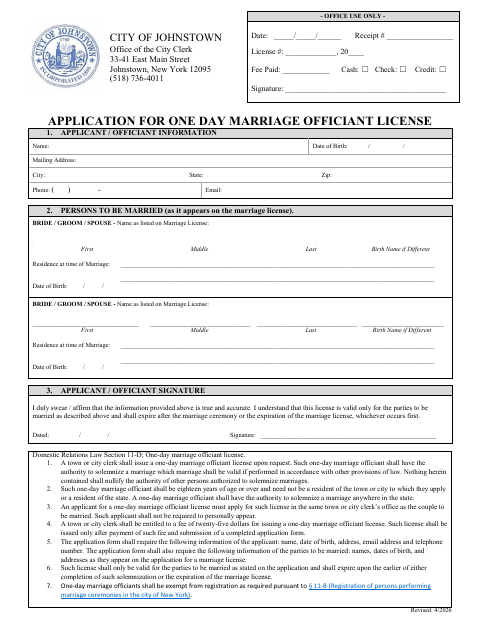 First page of the Application for One Day Marriage Officiant License