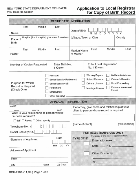 First page of the Birth Record Copy Application