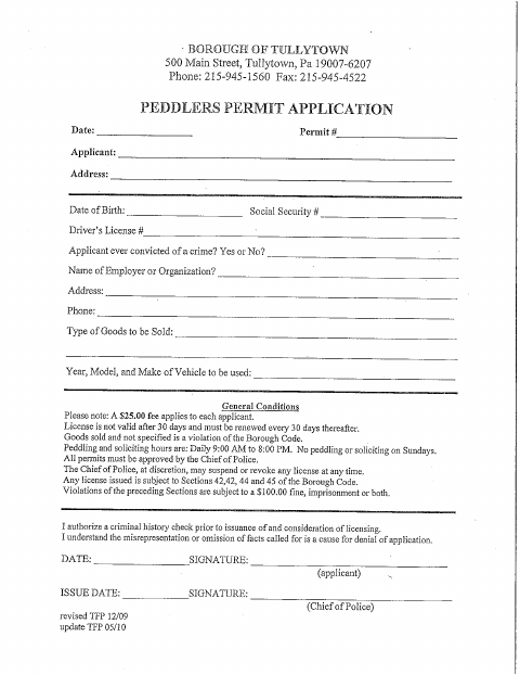 First page of the Peddlers Permit Application