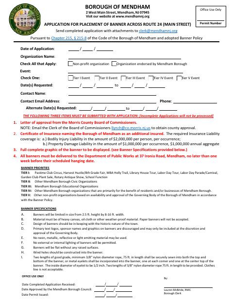 First page of the Application for Placement of Banner Across Route 24 (Main Street)