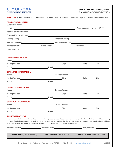First page of the Subdivision Plat Application