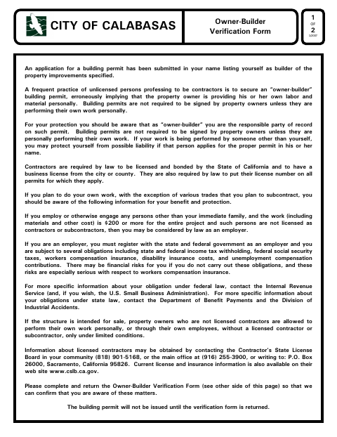 First page of the Owner-Builder Verification Form