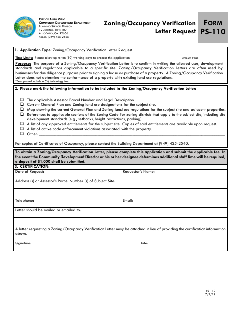 First page of the Zoning / Occupancy Verification Letter Request