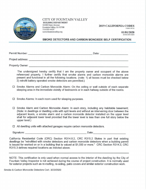 First page of the Smoke and Carbon Monoxide Detectors Self-Certification Form