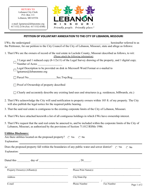 First page of the Petition of Voluntary Annexation