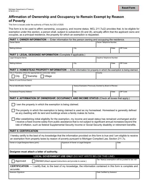 First page of the Affirmation of Ownership and Occupancy to Remain Exempt by Reason of Poverty
