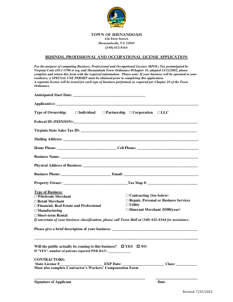 First page of the Business, Professional and Occupational License Application