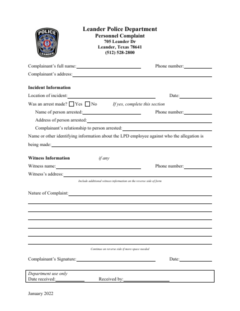 First page of the Personnel Complaint