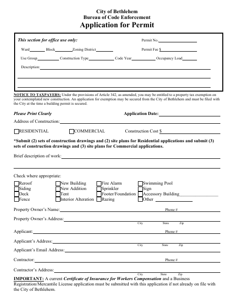 First page of the Application for Permit (Building/Zoning)