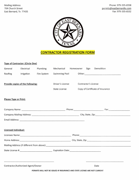First page of the Contractor Registration Form
