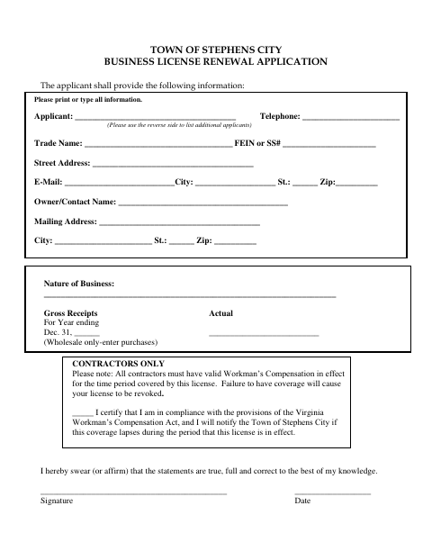 First page of the Business License Renewal Application