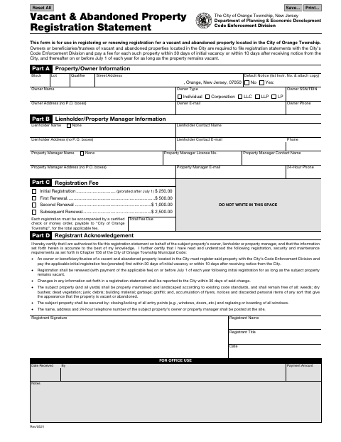First page of the Vacant and Abandoned Property Registration Statement