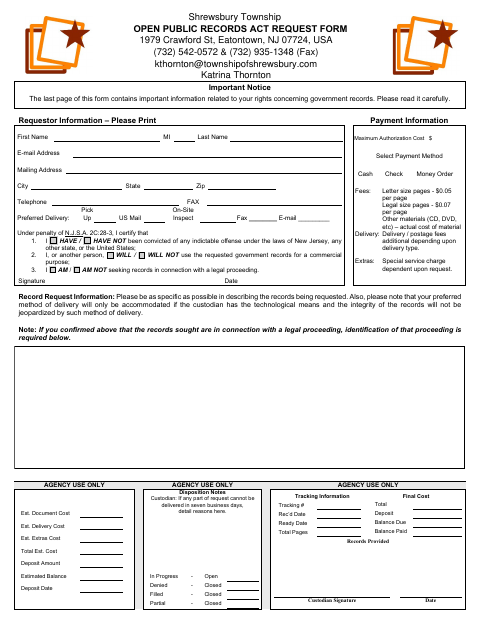 First page of the Open Public Records Act Request Form