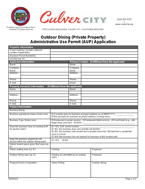 First page of the Outdoor Dining AUP Application and Submittal Checklist