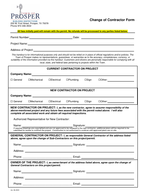First page of the Change of Contractor Form