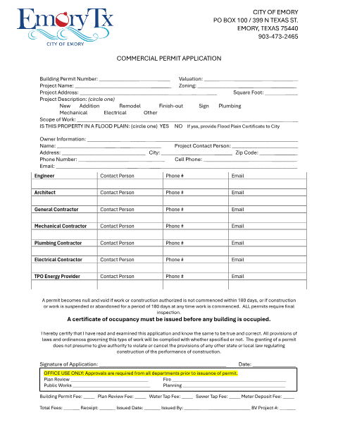 First page of the Commercial Permit Application