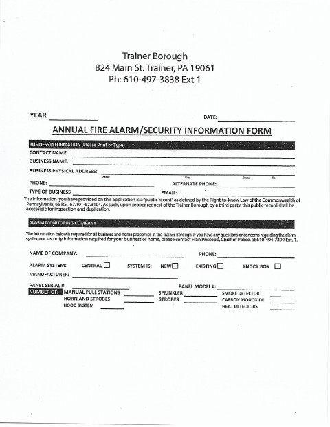 First page of the Annual Fire Alarm and Security Information Form