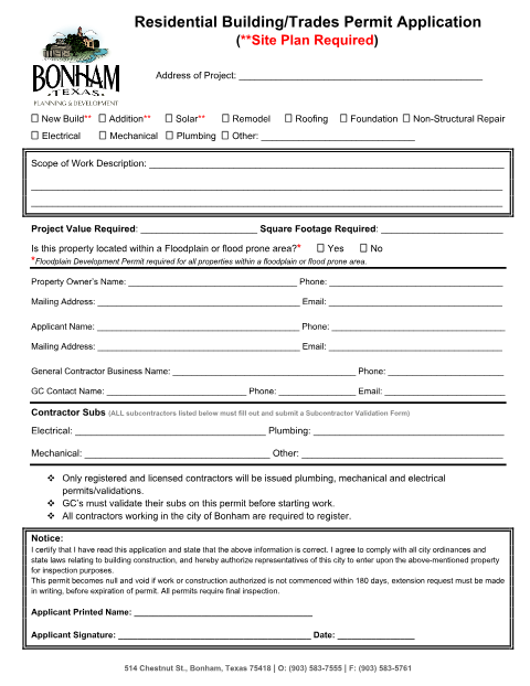 First page of the Residential Building/Trades Permit Application