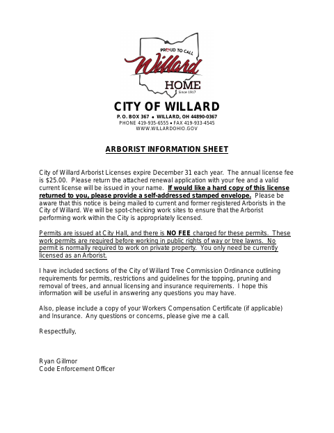First page of the Arborist License Registration or Renewal