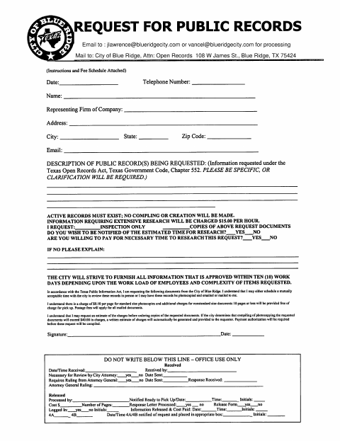 First page of the Request for Public Records