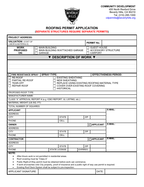 First page of the Roofing Permit Application