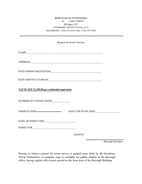 First page of the Request for Sewer Service