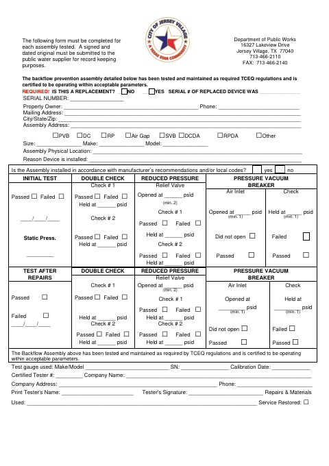 First page of the Backflow Prevention Assembly