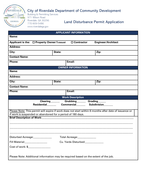 First page of the Land Disturbance Permit Application