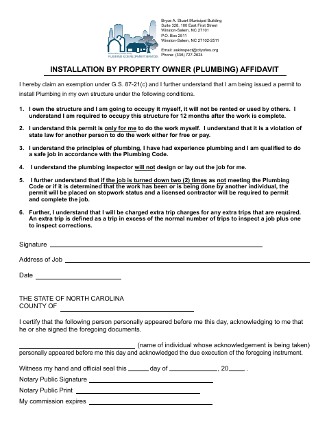First page of the Plumbing Installation by Property Owner Affidavit