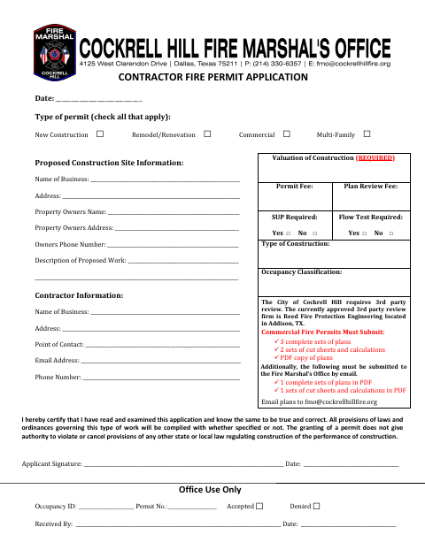 First page of the Contractor Fire Permit Application