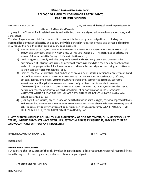 First page of the Minor Waiver/Release Form