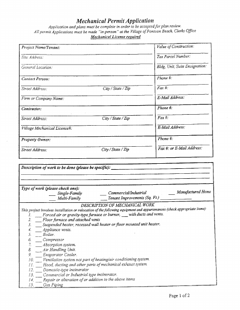 First page of the Mechanical Permit Application