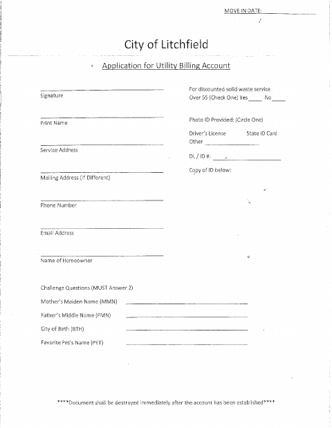 First page of the Application for Utility Billing Account