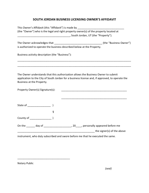 First page of the Business Licensing Owner Affidavit